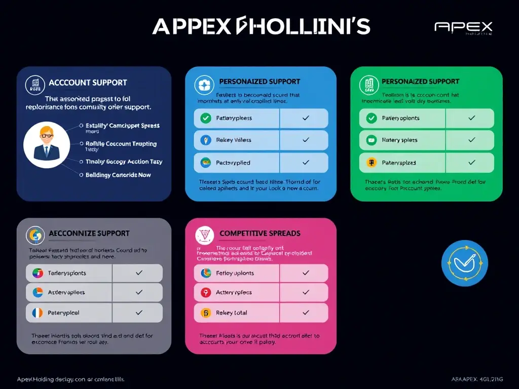 A visual representation of various account types offered by APEX HOLDING, highlighting the unique features and benefits of each account, such as personalized support, competitive spreads, and exclusive access to trading tools.