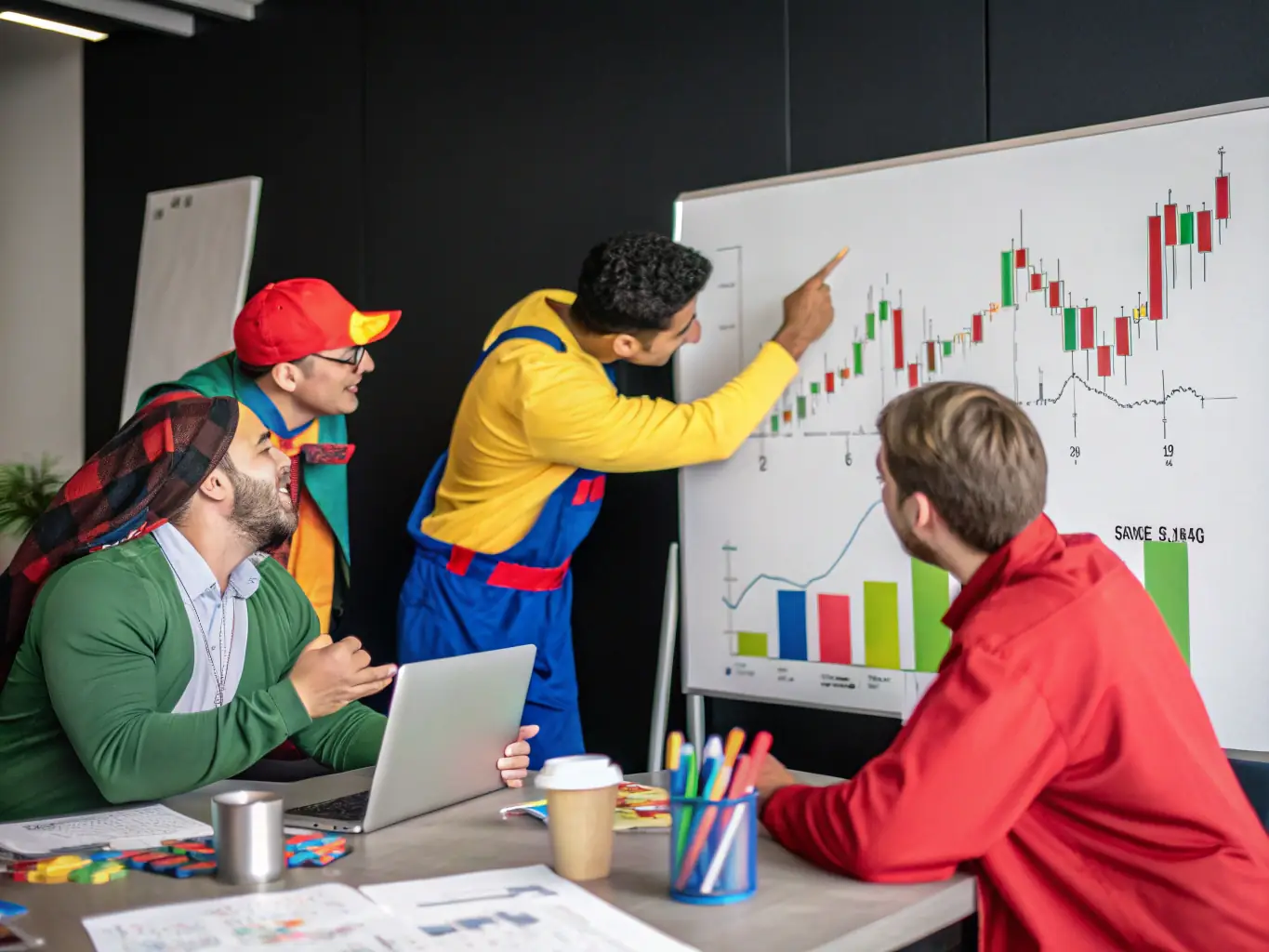 A diverse group of traders collaborating and discussing strategies in a modern office setting, representing the different account types and trader profiles that APEX HOLDING caters to.