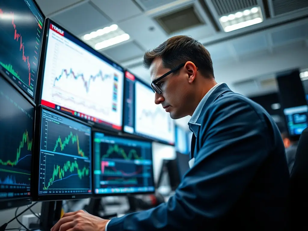 A professional trader analyzing market data on the AX Trading platform, with AI-driven insights displayed on the screen. The image should convey a sense of precision and technological advancement.