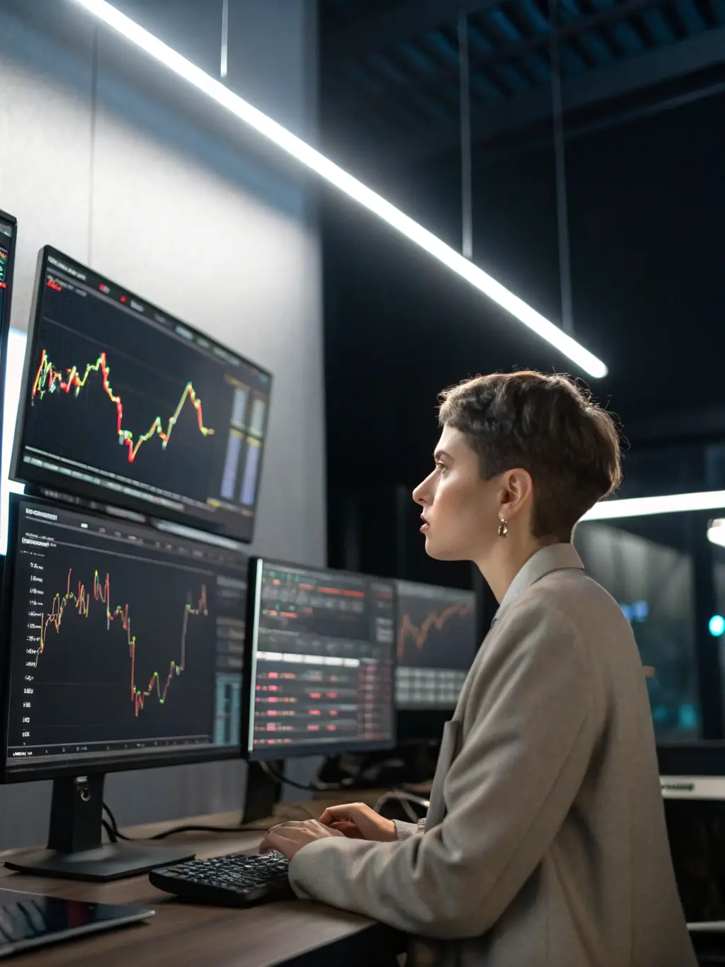 A professional trader analyzing charts on the AX Trading platform, showcasing the Advanced Account's analytical tools.